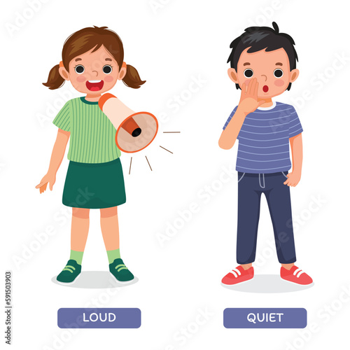Opposite words antonym loud and quiet with little girl holding megaphone and boy whispering

