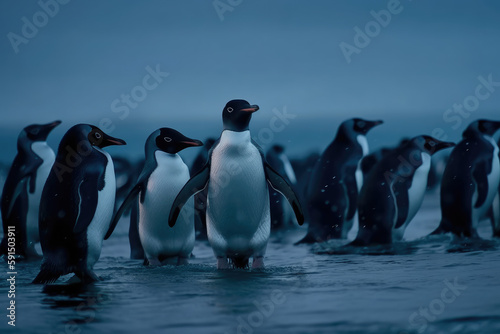 A Group of Penguins Standing in The Water at Night Time  With one Looking at The Camera and one Looking at The Camera  With A Blurry Background  With A Blue Sky Climate Changes Generative AI