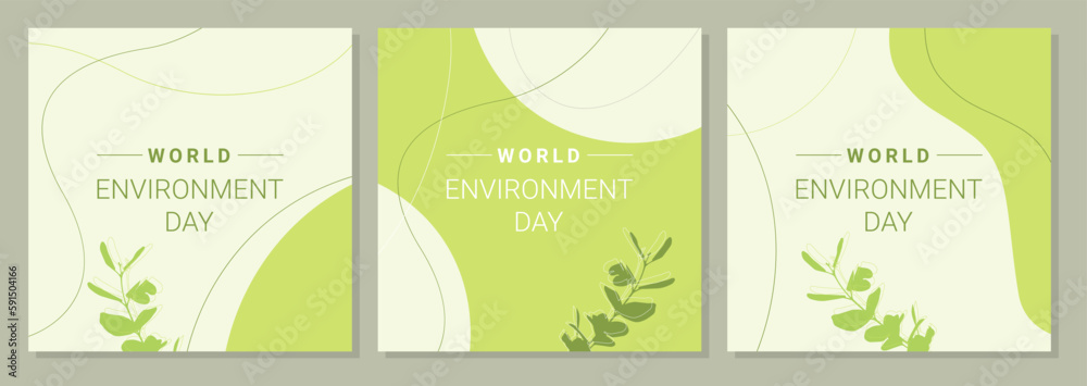 Posters set of World Environment Day , brochure, flyer templates. Eco organic line abstract shape drawing, boho style hand drawn design, simple wallpaper. Vector illustration