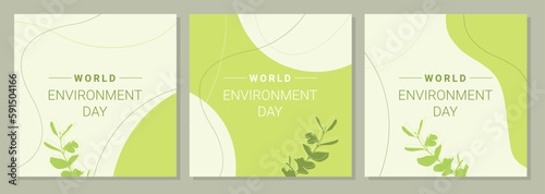 Posters set of World Environment Day , brochure, flyer templates. Eco organic line abstract shape drawing, boho style hand drawn design, simple wallpaper. Vector illustration