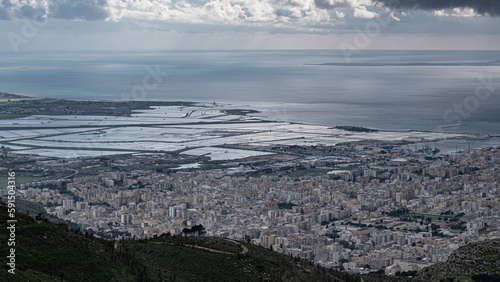  View of Trapani and Trapani salt pans as seen from the ascent to Erice, Sicily, Italy