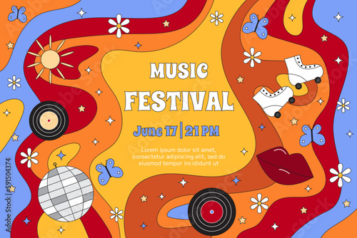Vector groovy retro music festival invitation backdrop template. Disco ball, rolls, music records on psychedelic background. Trendy 70s surreal poster, banner for event