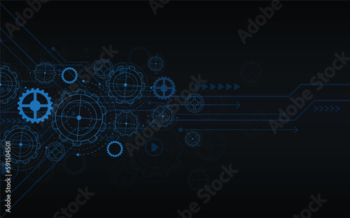 Abstract futuristic Cog Gear Wheel with arrows on dark blue color background. with Vector illustration gear wheel,  Hi-tech digital technology and engineering, digital telecom technology concept.