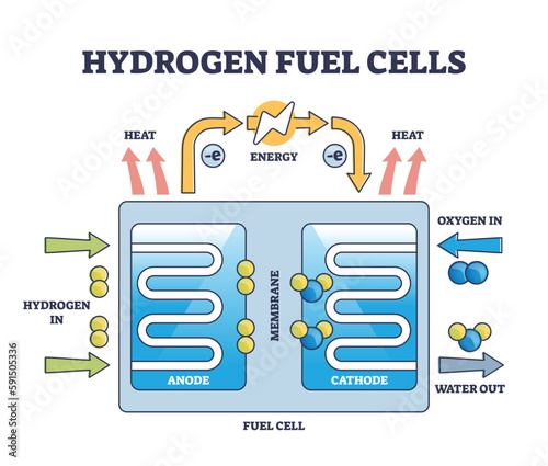 Hydrogen fuel cells work principle with educational structure outline diagram. Labeled mechanical scheme with clean and sustainable power production vector illustration. Electricity from H2 source.