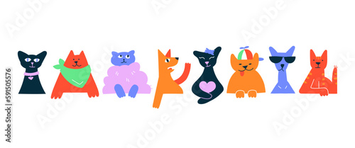 Different funny domestic cats sit and look straight ahead. Horizontal banner template. Set of hand drawn cartoon flat vector illustration.