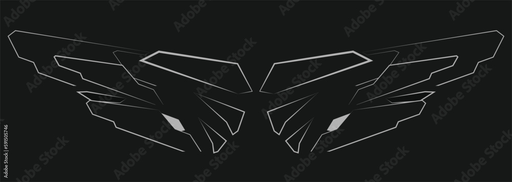 Vector abstract tech futuristic wings silhouette on wide black background. Vector illustration