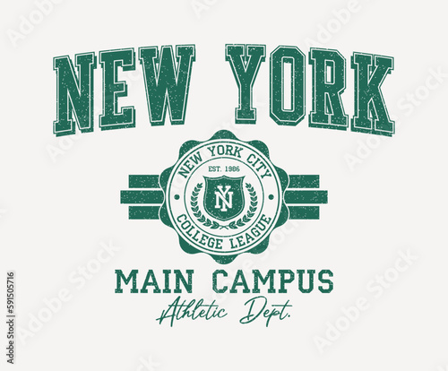New York city college style print for t-shirt with shield and wreath. Typography graphics for New York college or university tee shirt design. Vintage sport apparel print with grunge. Vector.