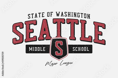 Seattle, Washington middle school shield t-shirt design. College or university style tee shirt with shield. Seattle vintage sport apparel print with grunge. Vector.