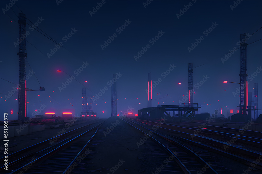 railroad at night neon AI