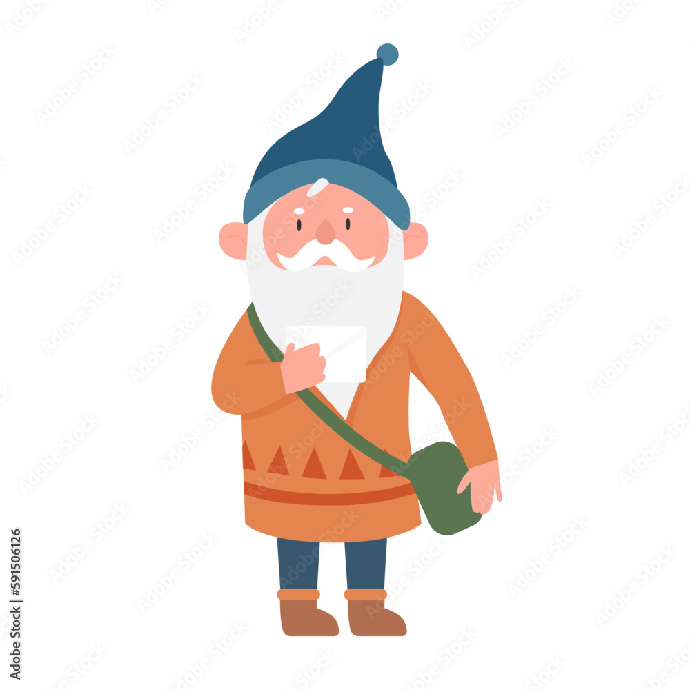 Fairytale gnome working as postman. Dwarf with letter, magic character vector illustration