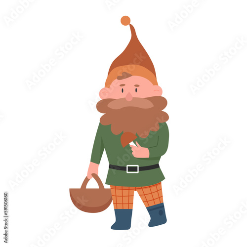 Gnome with mushroom. Dwarf with basket, forest fairytale character vector illustration photo