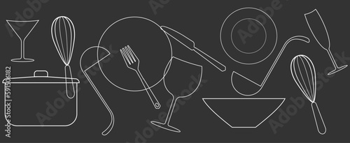 Set of black silhouettes kitchen tools fork spoon knife rolling pin ladle board for cutting culinary banner with place for your text vector illustration isolated on white background