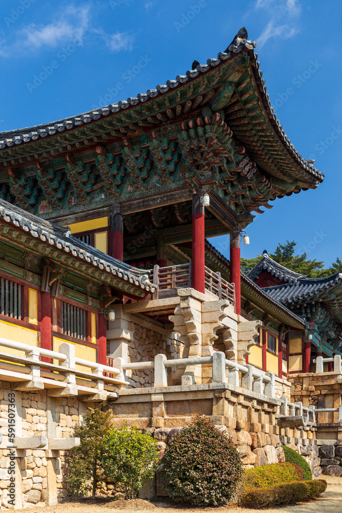 Terrace in Bulguska Temple, Gyeongju city, South Korea. UNESCO World Heritage site. Portrait view.