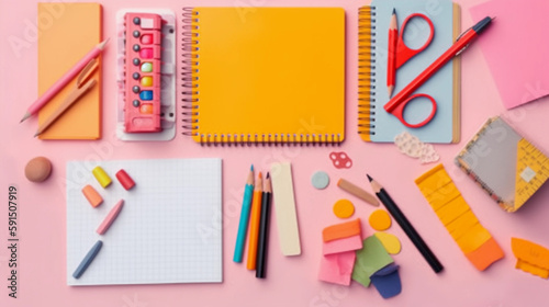 flat lay view of school supplies like notebook, eraser, pen, notes and more. teacher's day or back to school concept. ai generative