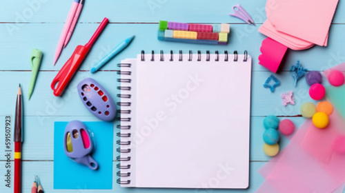 flat lay view of school supplies like notebook, eraser, pen, notes and more. teacher's day or back to school concept. ai generative