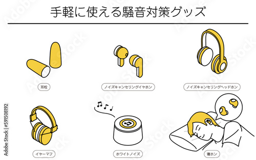 手軽に使える騒音対策グッズのイラストセット
