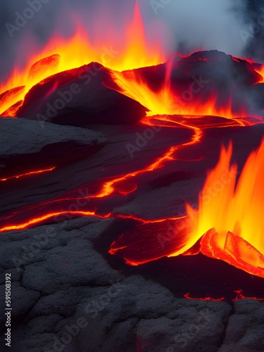 fire flames on the background of the fireplace. lava on vocano