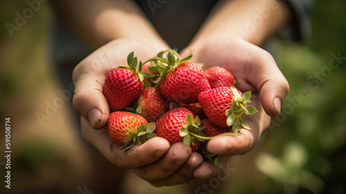 Hände mit frisch gepflückten Erdbeeren (Generative AI)
