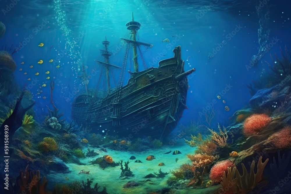 Obraz premium Underwater landscape with sunken sail ship. Ai. Shipwreck underwater of deep sea.