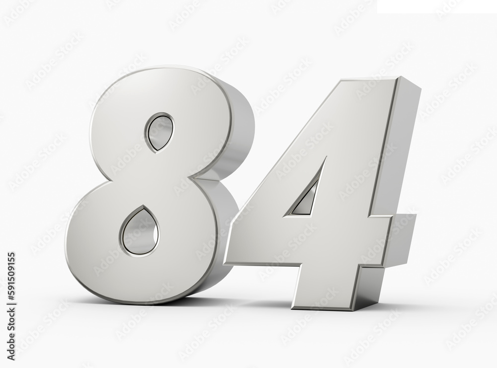 3d Shiny Silver Number 84 Eighty Four 3d Silver Number Isolated On White Background, 3d illustration 3d Shiny Silver Number 84 Eighty Four 3d Silver Number Isolated On White Background, 3d illustration