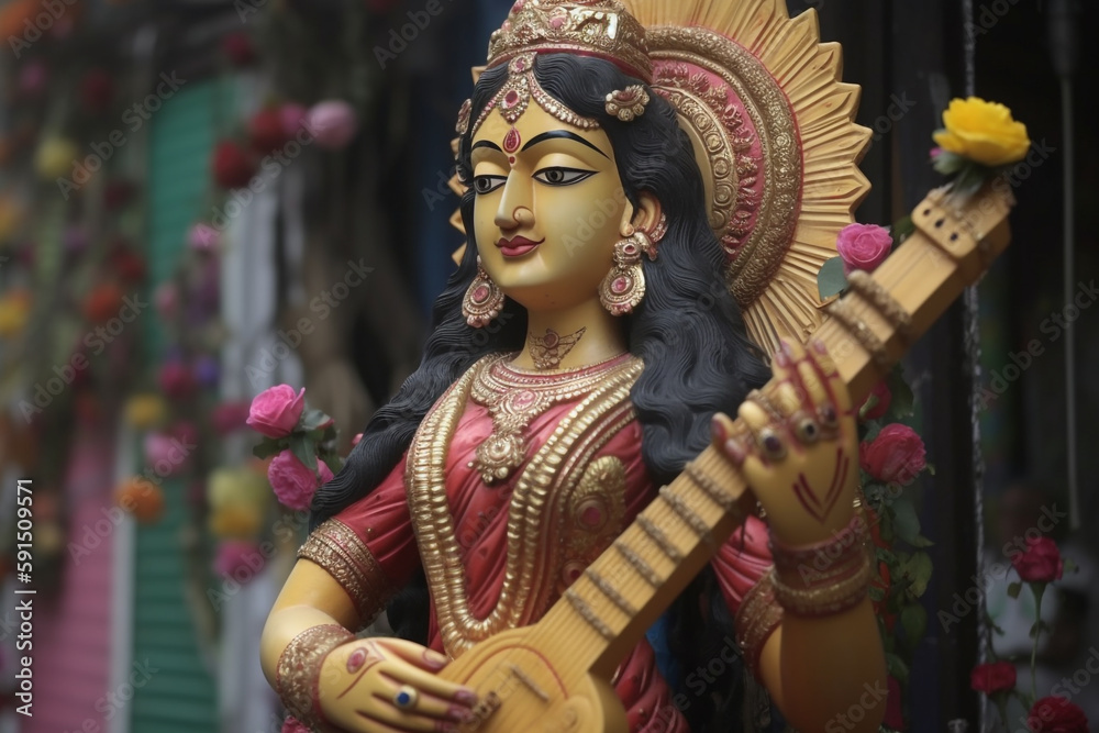 Religion concept. Hindu goddess Maa Saraswati statue. Generative AI