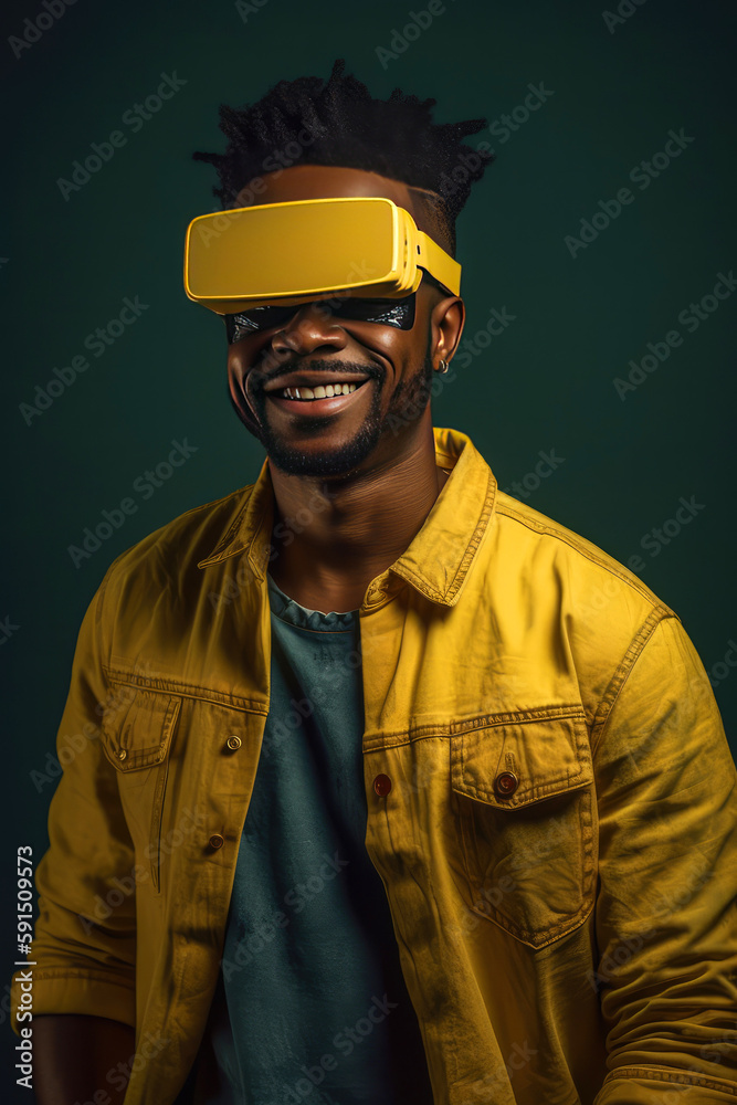 Cheerful African American black man in VR goggles smiling and looking ...