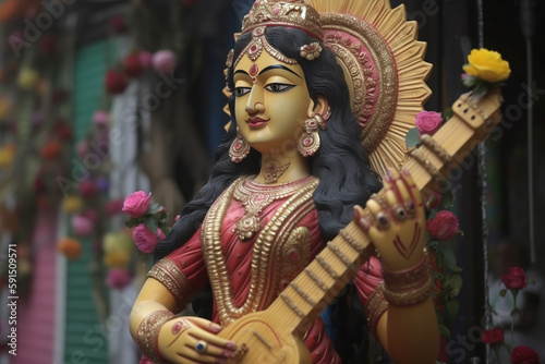 Religion concept. Hindu goddess Maa Saraswati statue. Generative AI photo