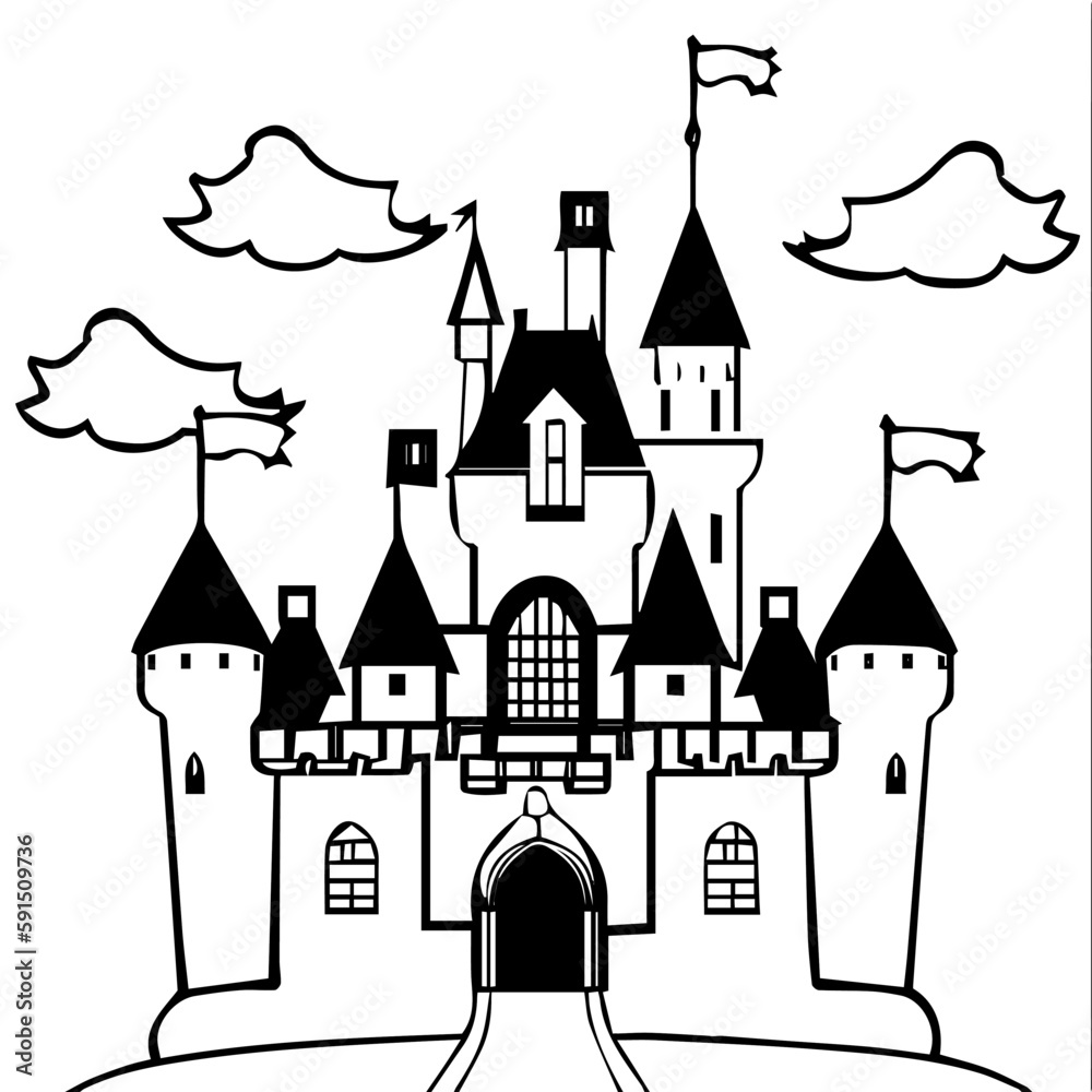 Coloring page of castle. Black and white vector illustration.