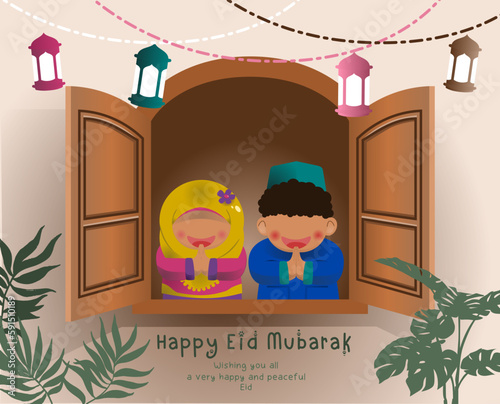 Muslim kids wish you a happy Eid Mubarak vector illustration