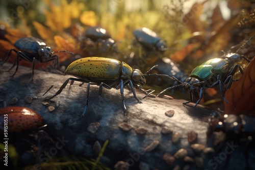 A detailed illustration of a group of insects in their natural habitat, Generative AI