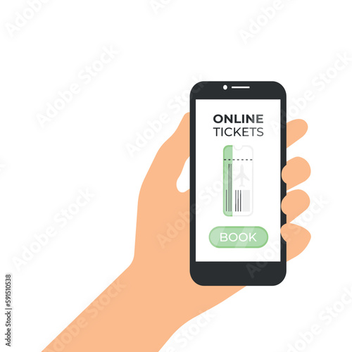 Hand holding a phone with a ticket and tickets button on the screen. Vector illustration of a phone in hand on the screen, which contains a ticket and a ticket button