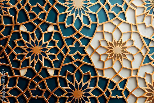 Print op canvas arabic style pattern white gold lines on blue background