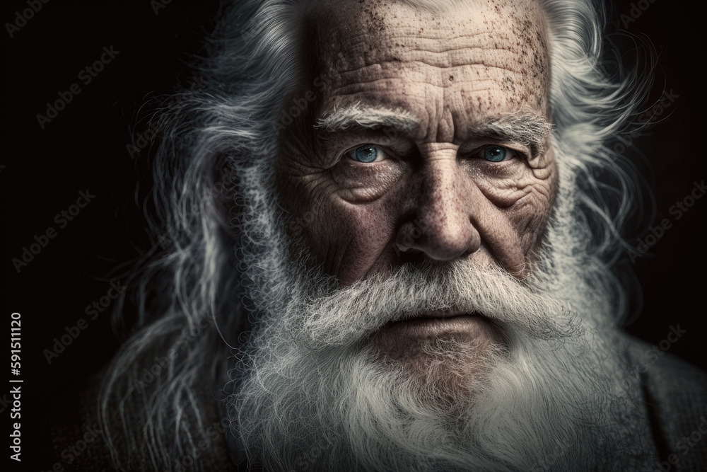 Generative AI illustration of serious mature man with long gray hair and beard looking at camera against black background Generative AI illustration of serious mature man with long gray hair and beard looking at camera against black background