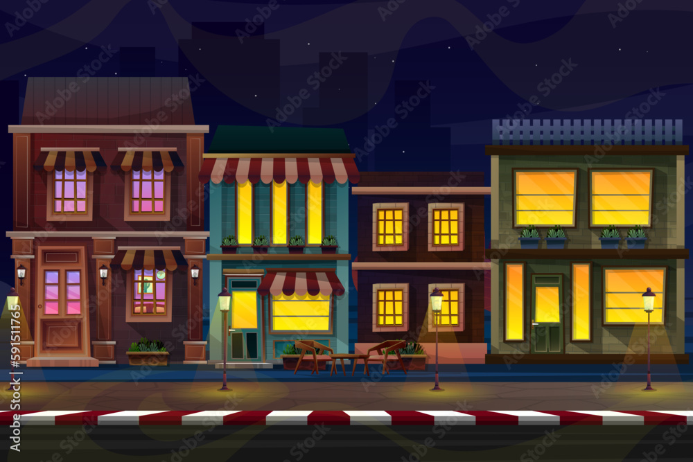 night scene front exterior of house with sunshade facade, Vector illustration.