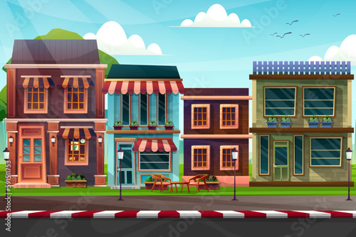 scene front exterior of house with sunshade facade, Vector illustration.
