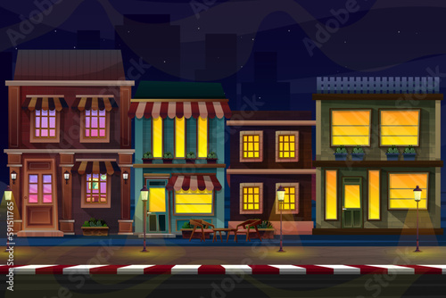 night scene front exterior of house with sunshade facade, Vector illustration.