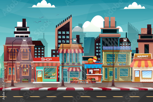 Scene of beautiful cityscape with hight building  shop and street with park  vector illustration