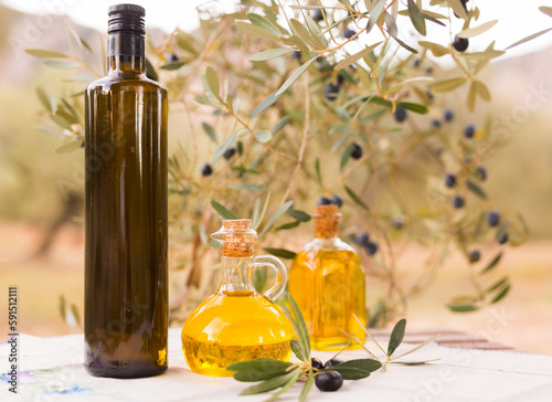 black ripe olives, olive oil in a glass traditional bottle on table in an olive garden