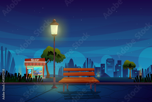 Night scene with beverage shop in park cartoon cityscape with outdoor
