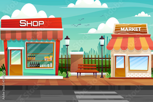 Scene of beverage shop on street at front of fence near nature park in city,