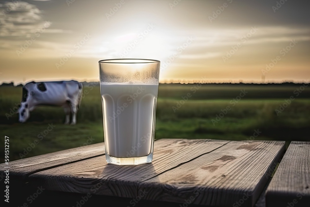 glass Fresh milk on desk and free space for your decoration. Sunset time and rural landscape, generative ai glass Fresh milk on desk and free space for your decoration. Sunset time and rural landscape, generative ai