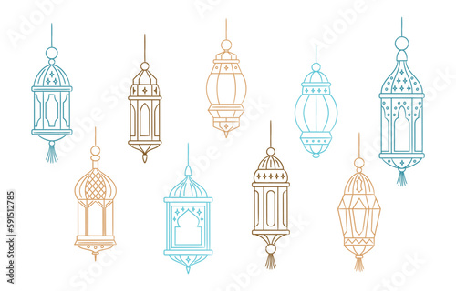 Arabic traditional Ramadan Kareem eastern lanterns. Islamic art. Muslim holiday lantern. Symbols of Ramadan Mubarak, arabic lamps, art vector and illustration