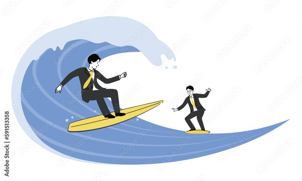 大きな波とサーフボードに乗る2人のビジネスマン、波に乗るイメージイラスト、ベクター