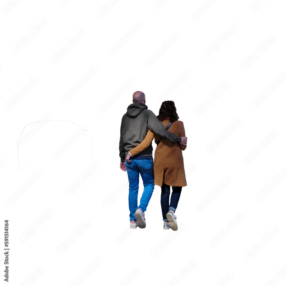jeune Couple en promenade    se  tenant par la taille au printemps.  - obrazy, fototapety, plakaty 