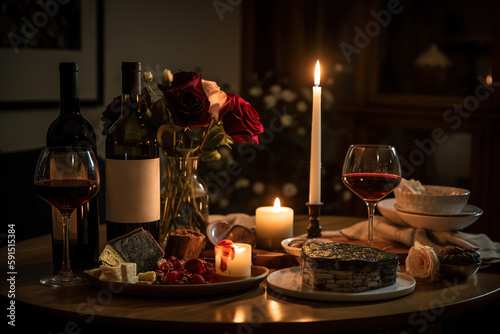 A romantic  candlelit setting  showcasing a bottle of red wine  accompanied by two wine glasses  a charcuterie board  and a bouquet of roses. Perfect ambiance for an romantic evening. Generative AI