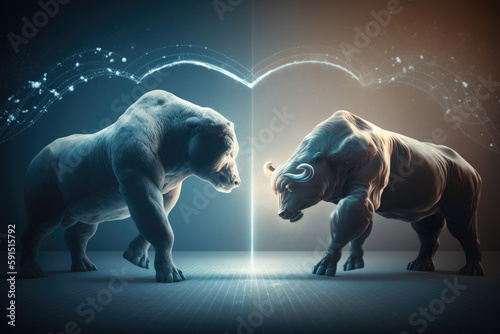 Bull and bear fighting  concept of stock market exchange or financial technology  Generative AI