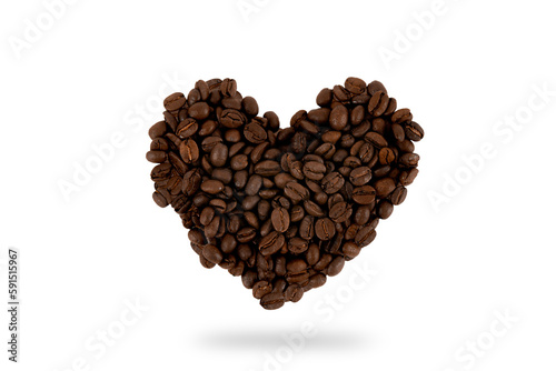 Heap of roasted coffee beans in a heart shape isolated on white background