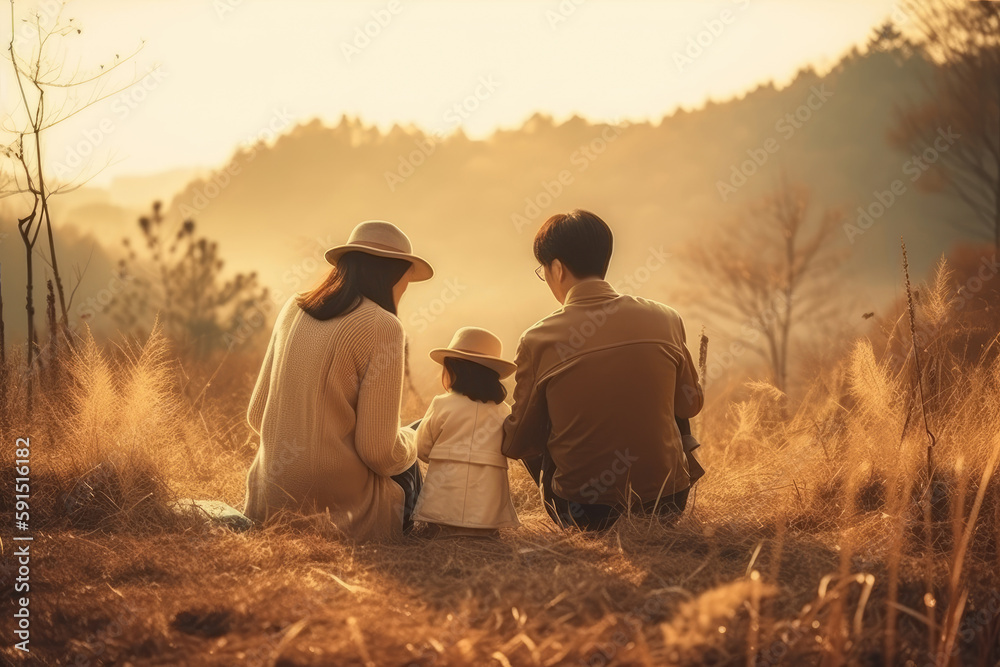Back view of lovely happy family at park, AI generated Back view of lovely happy family at park, AI generated