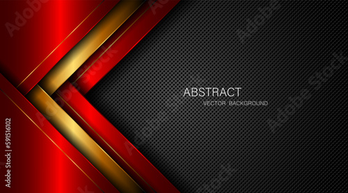 Abstract red and gold polygon with golden lines on dark steel mesh background with empty space for design. modern technology innovation concept background
