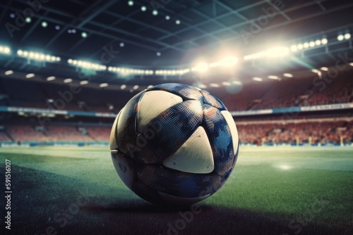 Closeup football on grass in football stadium, generative AI © Nattawat